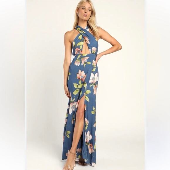 NWT Lulus Bloom Together Blue Floral Print Cutout Halter Maxi Dress Size XL - Picture 1 of 9